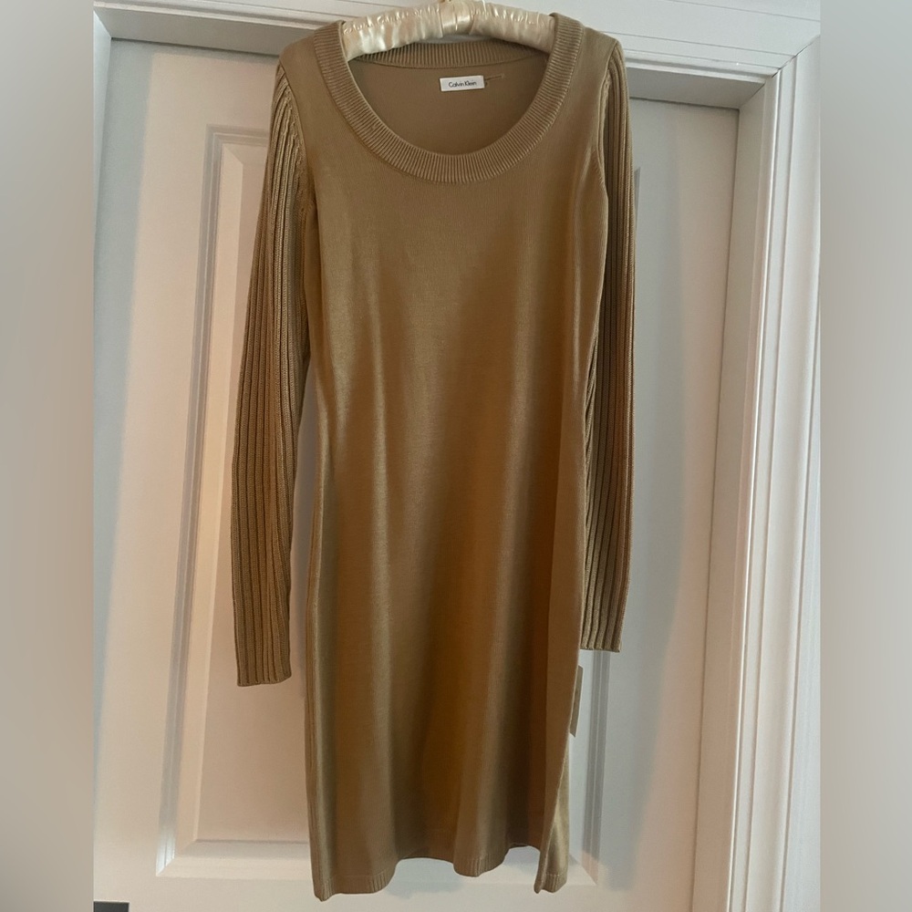 Calvin Klein Tan Long Sleeve Knit Sweater Dress
